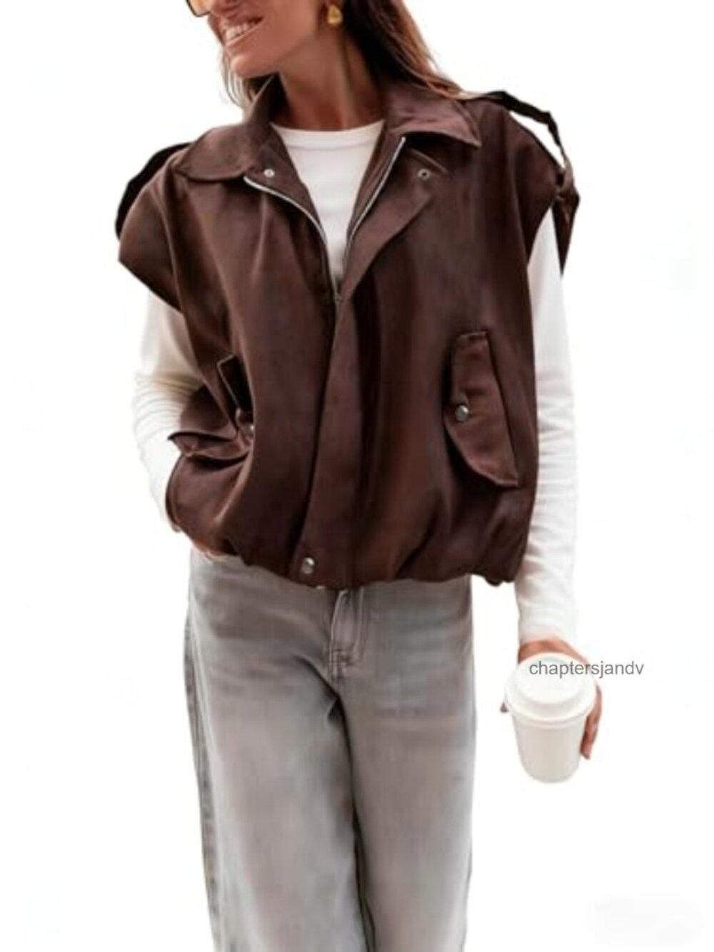 Faux Suede Vest Oversized Lapel Sleeveless Zip Jacket Womens